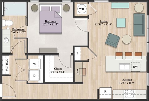 Floor plan for 1 bed, 1 bath, 699 sqft